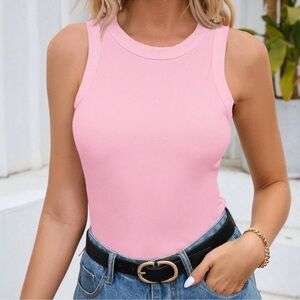 Pink Ribbed Round Neck Fitted Tank Top XS S M L